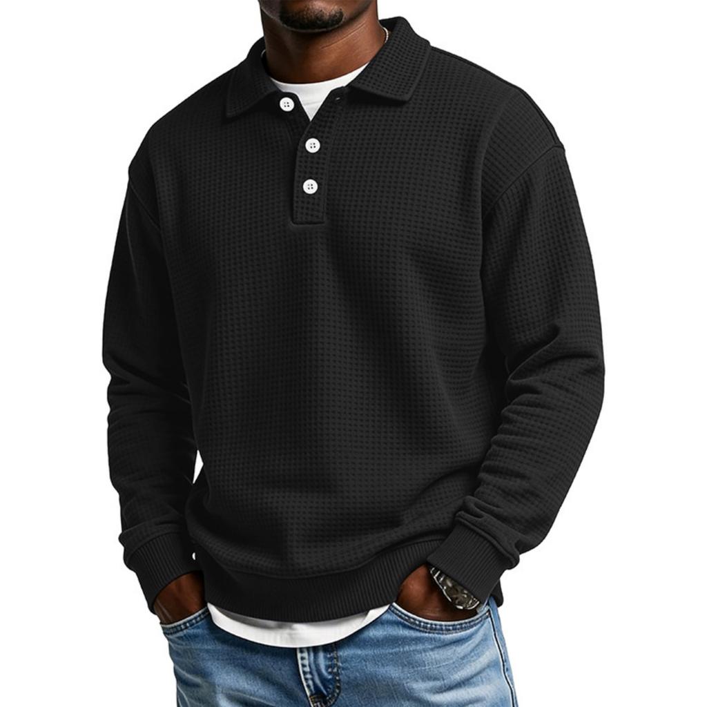 Men's Casual Long Sleeve Waffle Knit Polo Shirt Button Collar Pullover Lightweight Comfortable Fit Layering Top