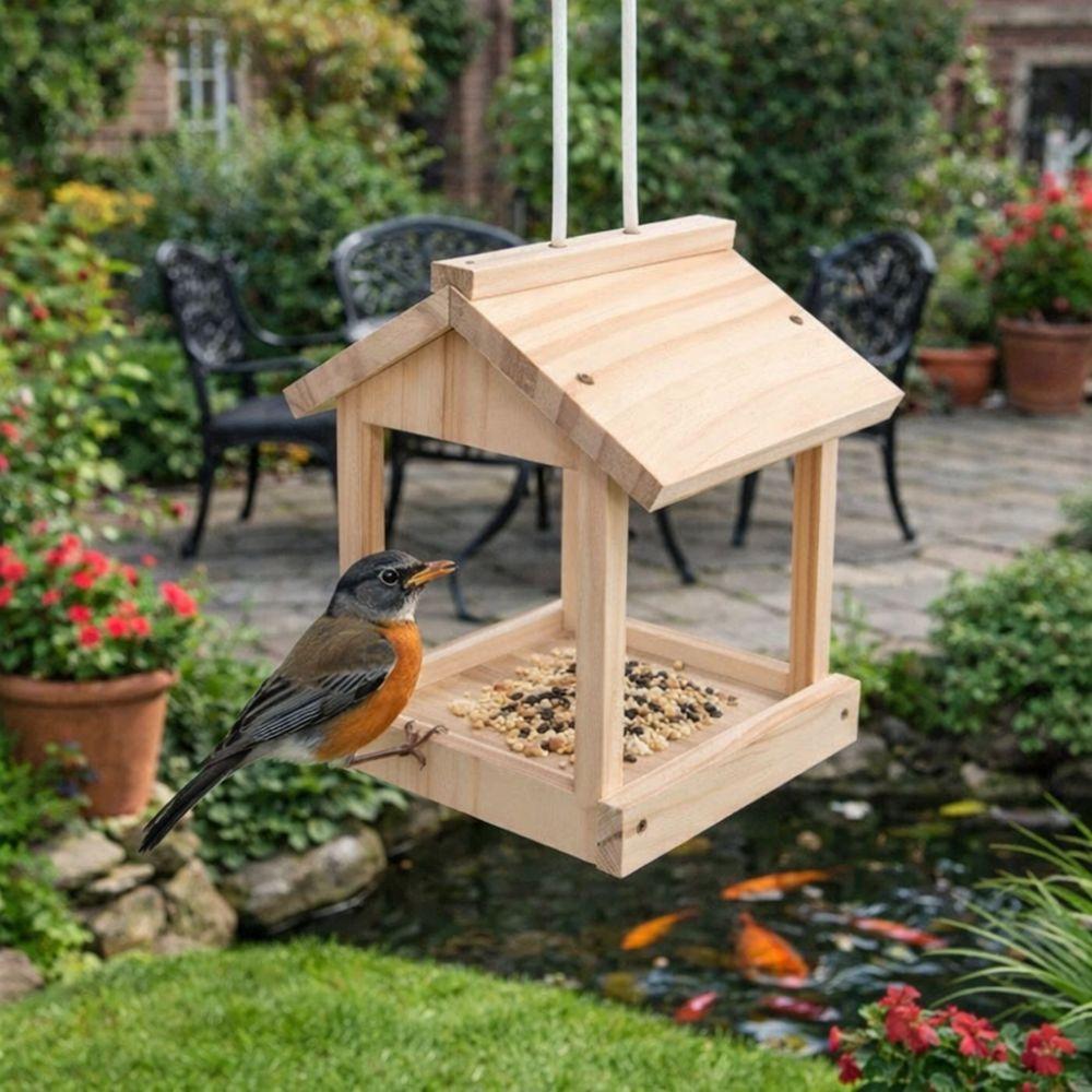 Wooden Bird Feeder House Wear-resistant Open Bird Feeder Rain Shelter Hanging Birdhouse  Pathway