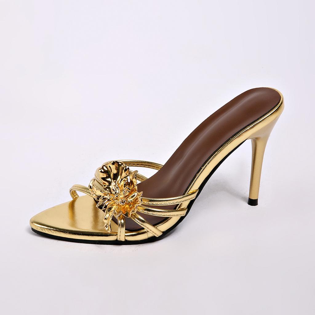 Women's High Heels Summer Slippers Women Sandals Metal Flowers Pointy Open Toe Stiletto Heels Sexy 2026 High-heeled Slippers