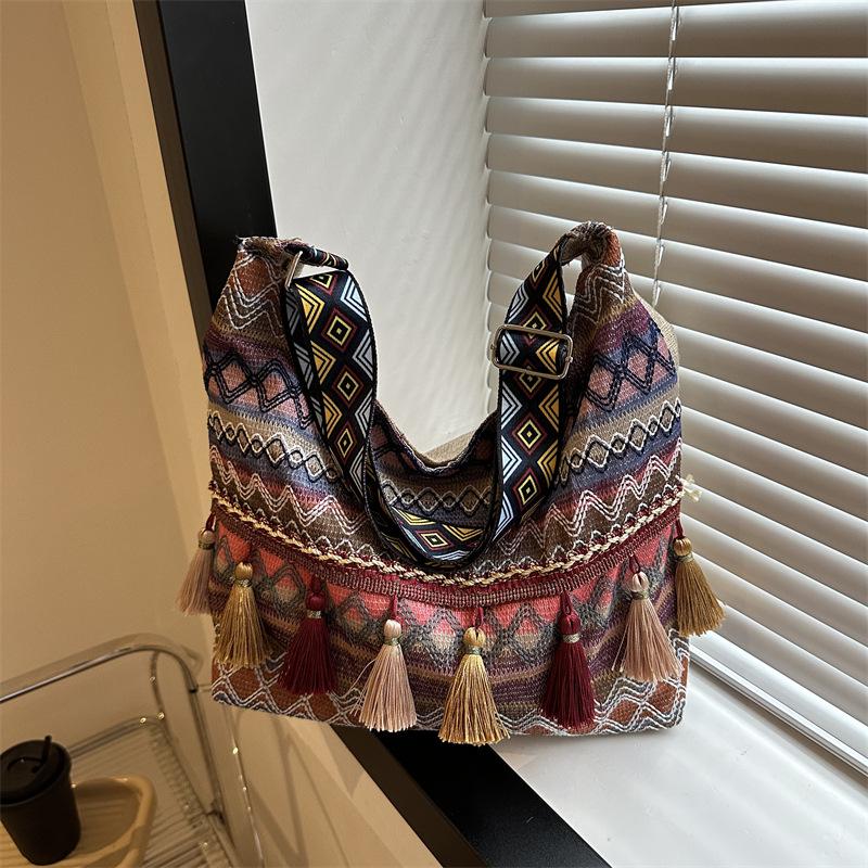 2025 Fashion Ethnic Tassel Canvas Shoulder Crossbody Tote - Large Capacity