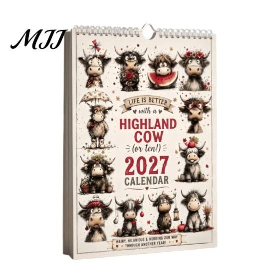 Monthly Wall Calendar Highland Cow 2027, Cute Hanging Planner for Home Holiday Gift Friends Office, Rustic Farmhouse Desk Decor, Unique Lovers