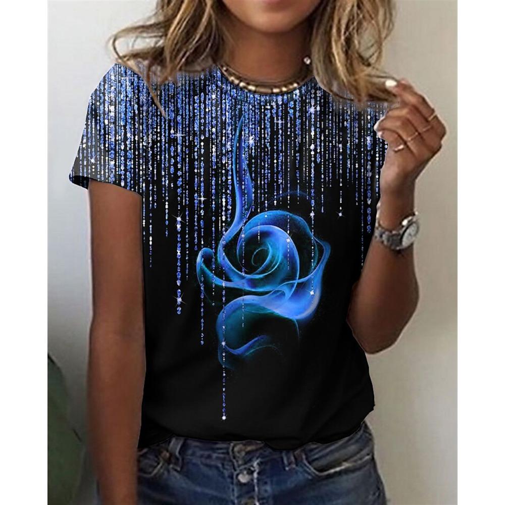 Round Neck 3D Flower Printed Top Fashionable Casual Short Sleeved Women's T-shirts - Soft Medium Stretch Polyester Fabric Summer Relaxed Fit Clothing