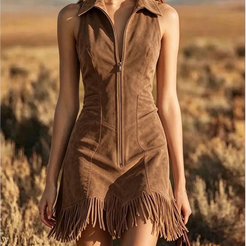 Women's Brown Fringe Sleeveless Dress Summer Lapel V-Neck Waist Tie Casual Party Mini Dress