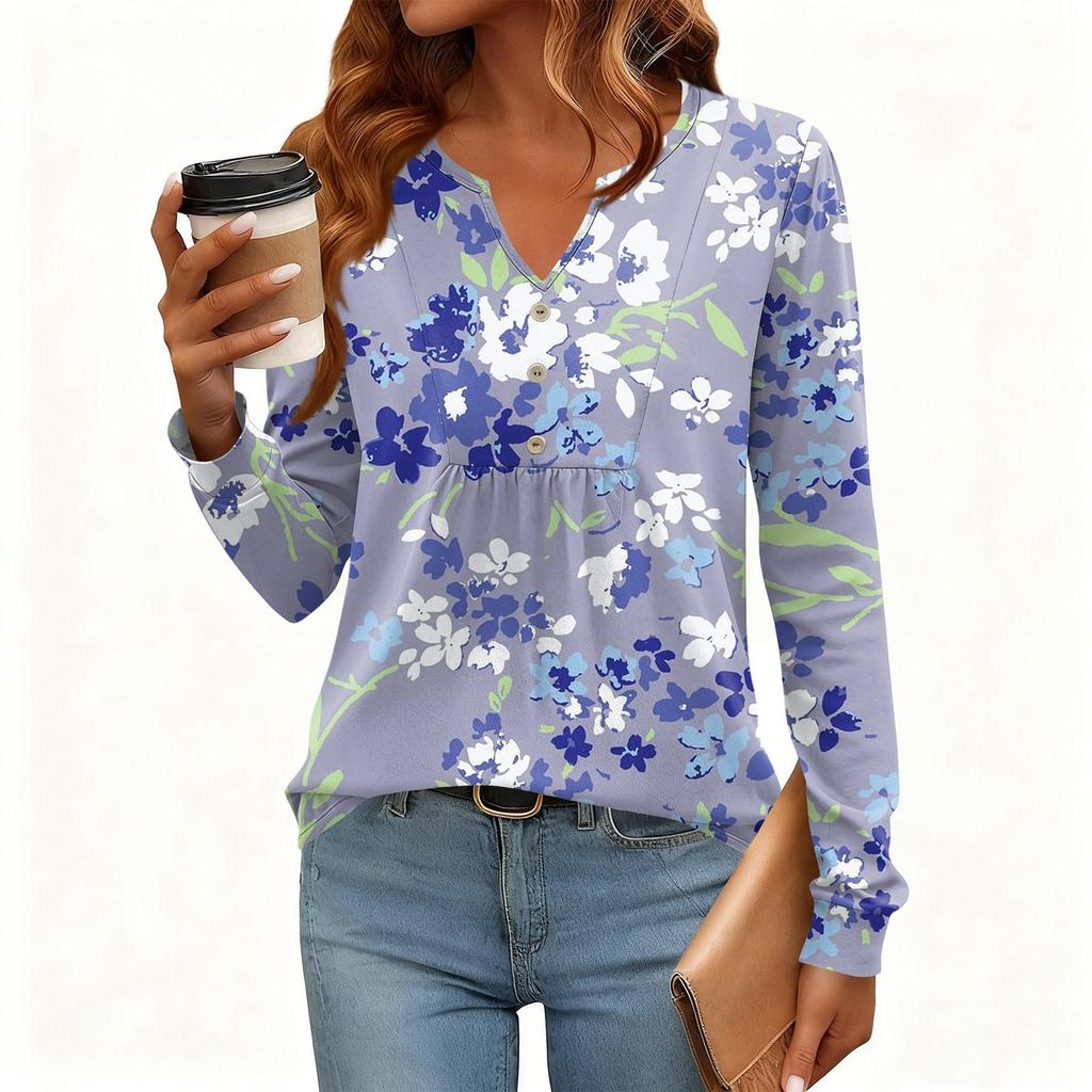 Γυναικείο Χαλαρό, V-λαιμόκοψη, Ρετρό Χρώμα, Μπλοκ με Φλοράλ Σχέδιο, Μακρυμάνικο Πουλόβερ T-shirt