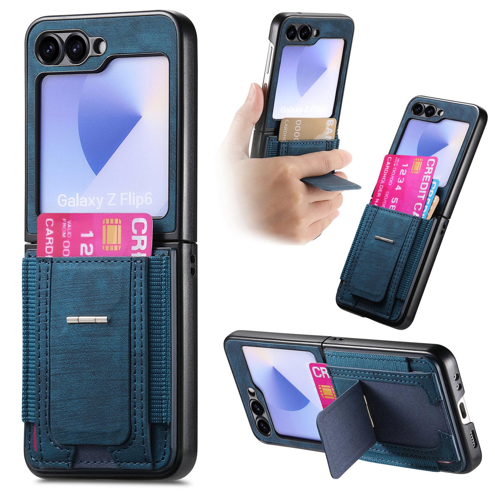 

For Samsung Galaxy Z Flip5 5G Case Kickstand Retro Leather Back Cover with Card Holder Blue