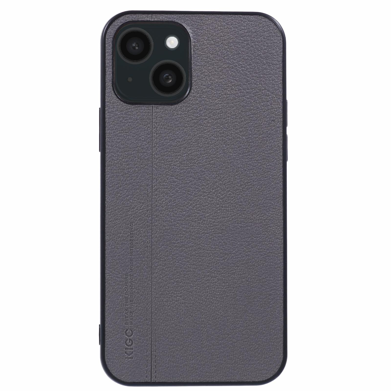 

KIGC For iPhone 15 Case Litchi Texture Leather Coated PC+TPU Phone Cover Grey