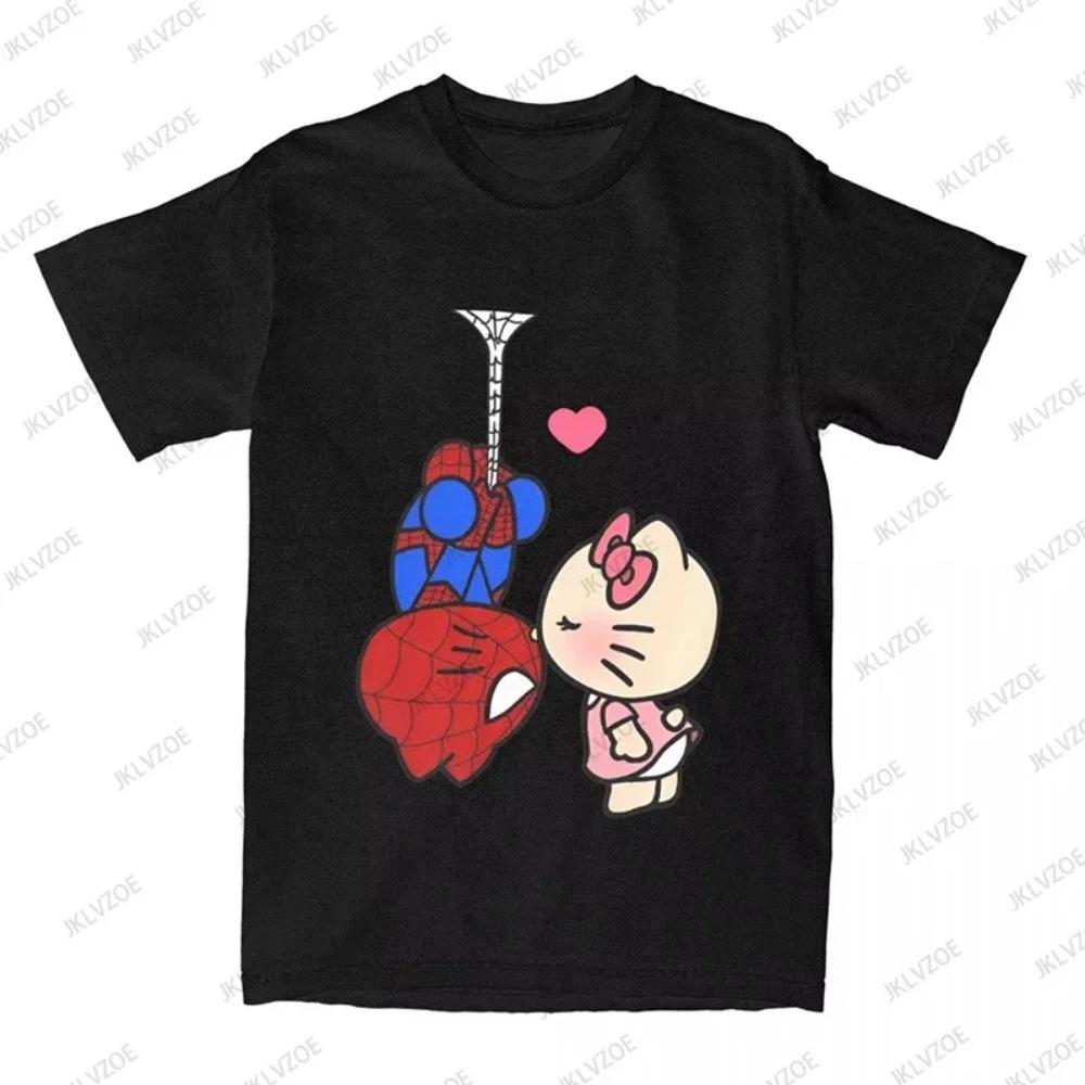 

Летняя мультяшная хлопковая футболка с принтом Hello Kitty и Человека-паука для женщин и мужчин, с коротким рукавом и круглым вырезом, повседневная модная футболка в стиле харадзюку Y2K XXXXXL чёрный