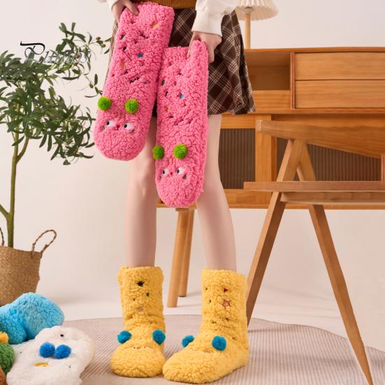 1 Pair Winter Floor Socks Cartoon Design Animal Embroidery Ultra Thick Fleece Keep Warm Mid-tube Non-slip Slipper Socks