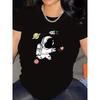 Women'S Athletic Wear Featuring A Stylish Round-Neck Short-Sleeve T-Shirt with A Cartoon Astronaut Design
