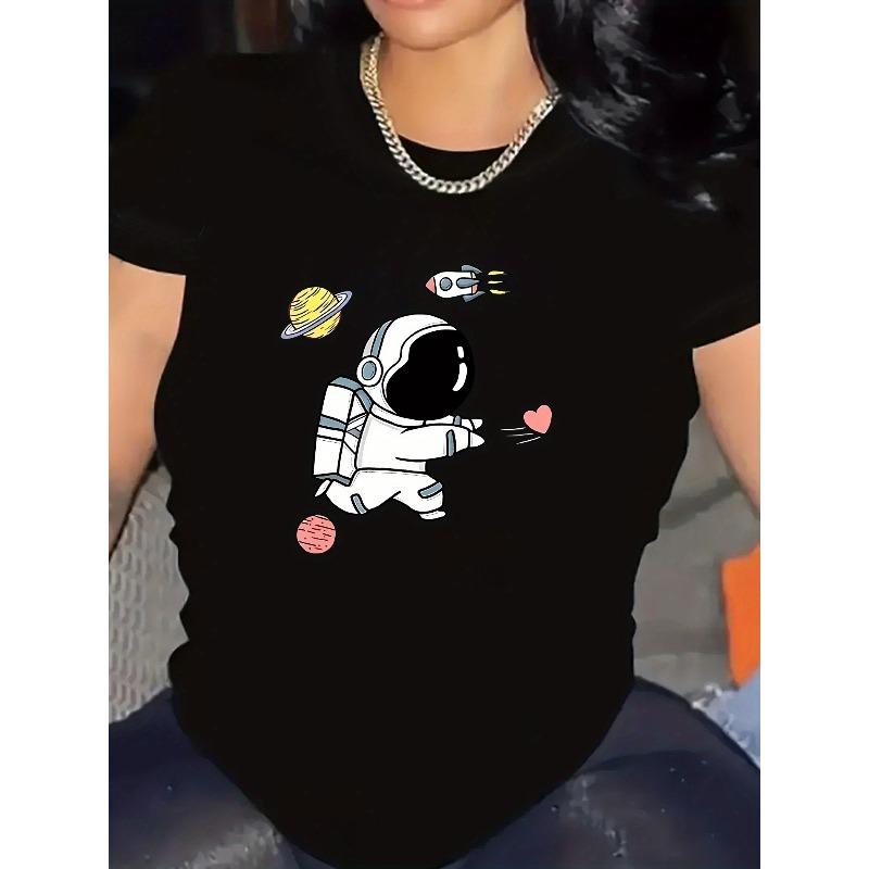 Women'S Athletic Wear Featuring A Stylish Round-Neck Short-Sleeve T-Shirt with A Cartoon Astronaut Design