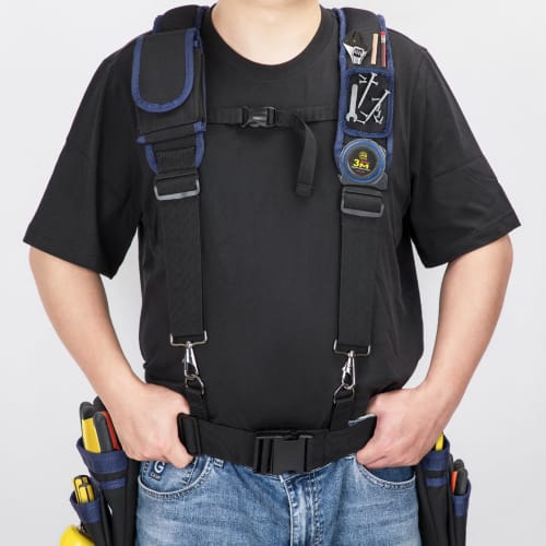 UMYLOV Men's Tool Belt Suspenders, Adjustable Padded Carpenter Tool Belt with Magnetic Wristband and Multifunctional Pouch Pockets for Construction Wo