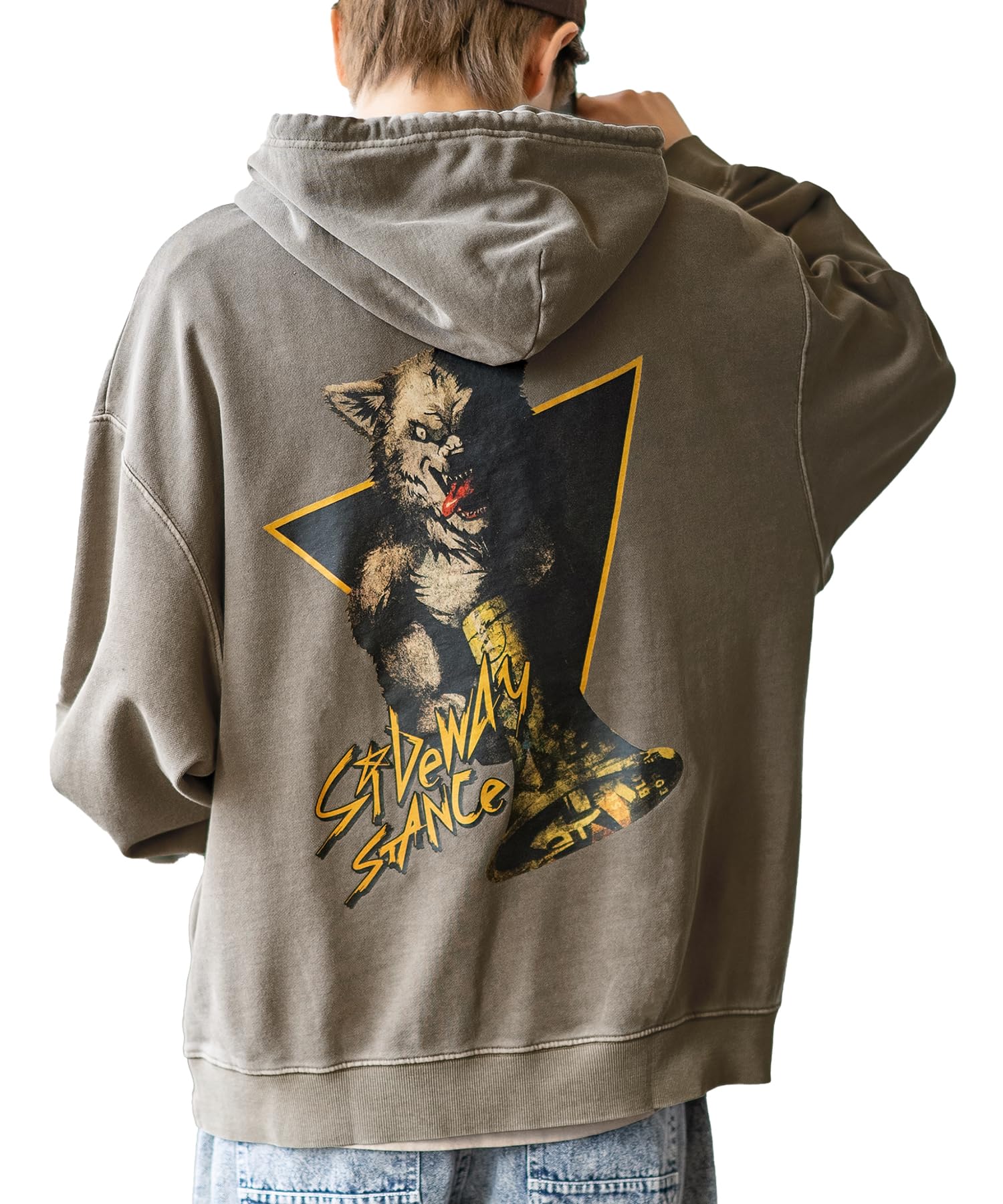 

IMPROBS SIDEWAYSTANCE Мужской худи с принтом волка и пигментной флисовой толстовкой, коричневый