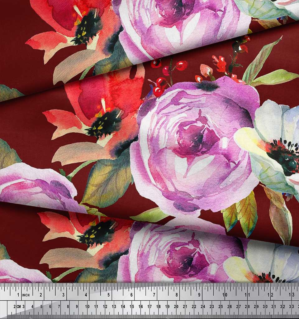 Soimoi Japan Crepe Satin Fabric Leaves,Poppy & Peony Flower Decor Fabric Printed Metre 42 Inch