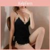 Conjunto de Lingerie com Renda Decote V Sem Mangas Shorts Curtos Para Mulheres