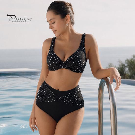 Flattering Plus Size Bikini 2Pcs/Set Set, Cross-Chest V-Neck Bra with Built-In Support, Women Swimwear High-Waisted Twist Swim Bottoms, Retro