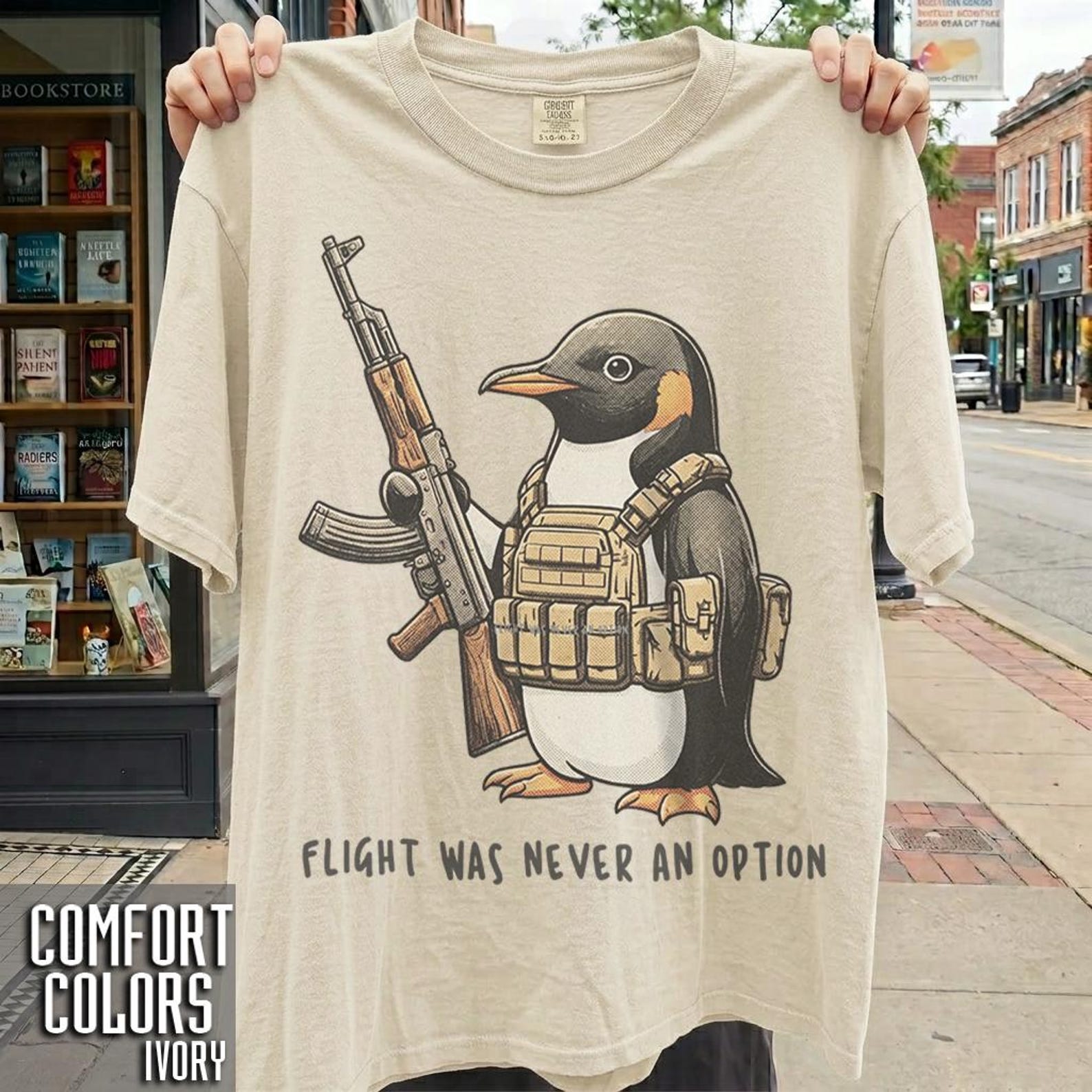 Tactical Penguin Shirt, Flight Was Never An Option Tee, Funny Military Animal Shirt, Armed Penguin Meme, Funny Gift For Him 3XL