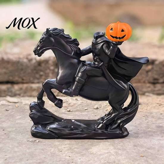 Horseman Riding Horse Statue Halloween Headless Statue, Gothic Knight Black with Window Display Props Pumpkin Lantern, Spooky Resin Festive Decor for