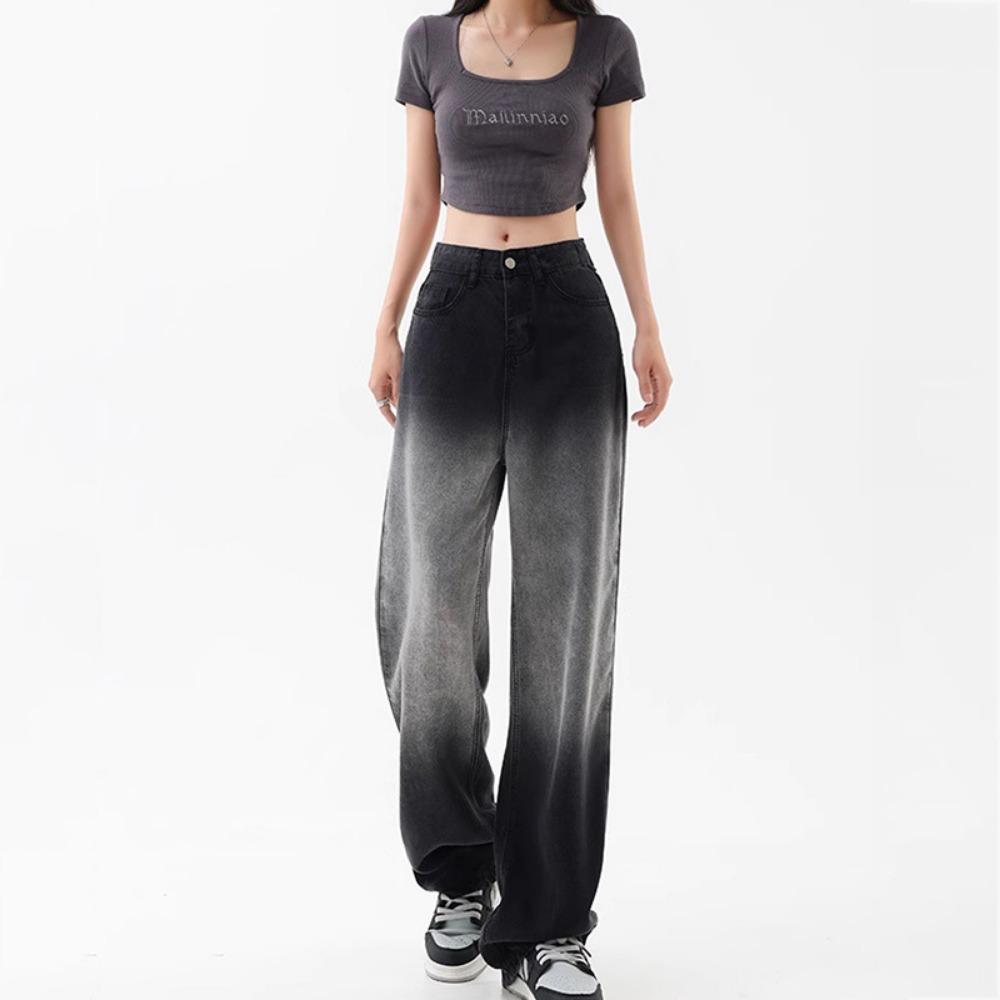 858 Spring and Autumn New Versatile Trend Gradient Wide Leg Jeans Women's Versatile Skinny and High Meat Covering Floor Pants