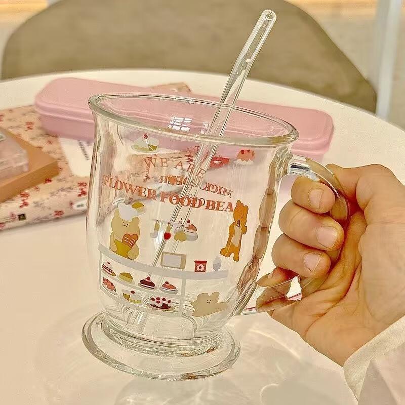 Shangqi Cute Cartoon Cake Bear Glass Handle Cup