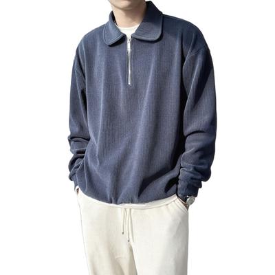 Top da uomo Autunno Primavera Mezza Zip Collo a Revers Velluto a Coste Ampio a Righe Verticali Monocolore Maniche Lunghe Pullover Camicia da Ufficio per Pendolarismo Scuola