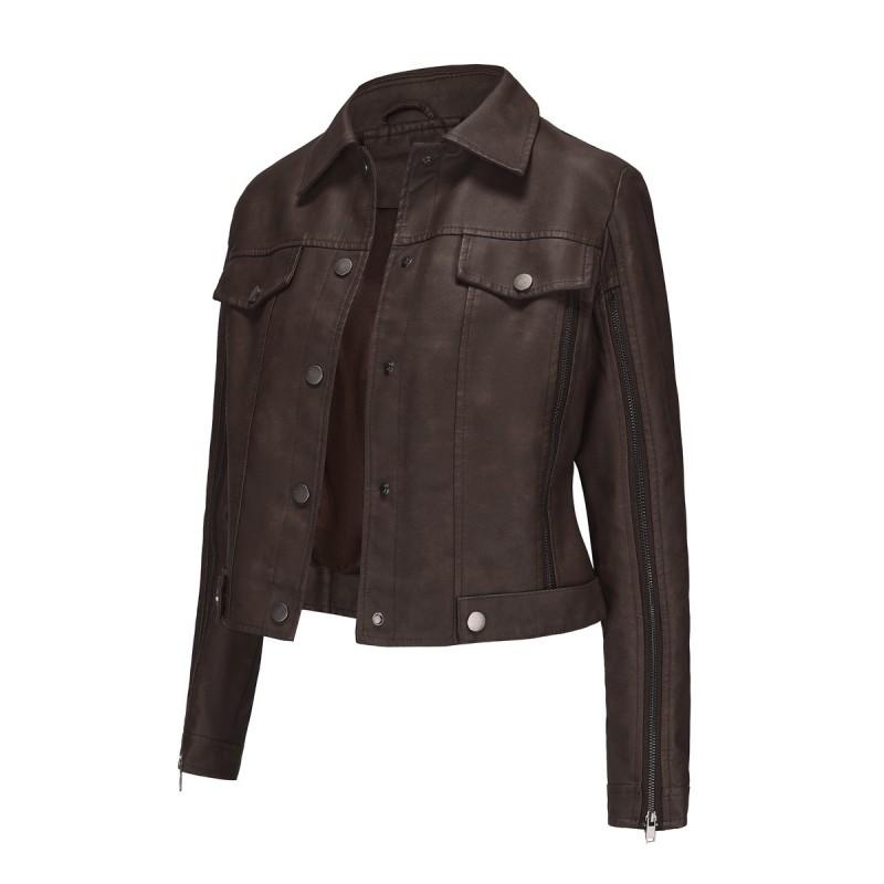 Womens Faux Leather Biker Jacket With Multiple Zippers Long Sleeve Open Front Coat Lightweight