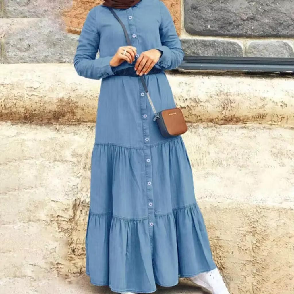 New Women's Casual Washed Solid Color Dress Round Neck Commuter Style Fashion Single Breasted Splicing Long Dress 5XL