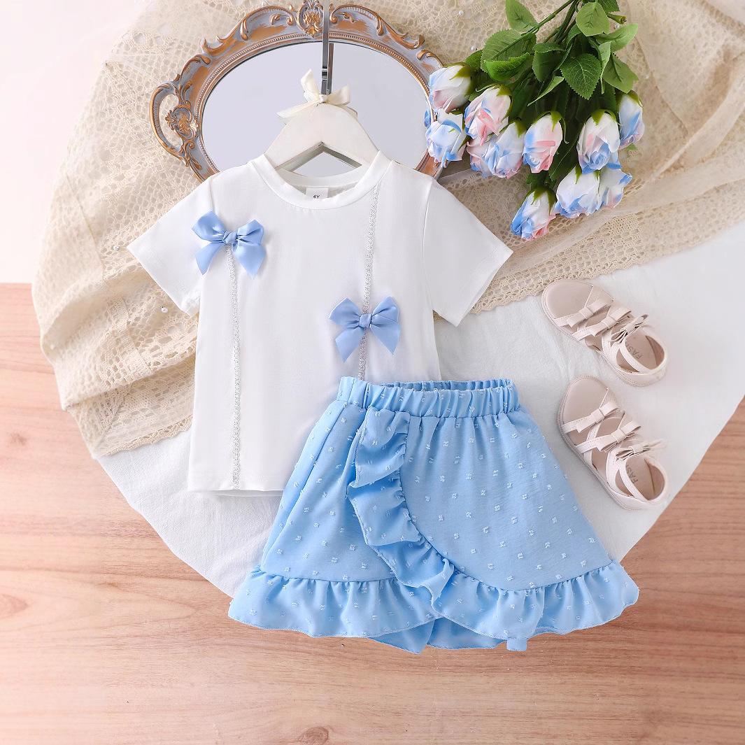 

Повседневный костюм для девочек, летний детский модный комплект из двух предметов: футболка с короткими рукавами и юбка 7Y синий