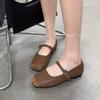 Splicing square head, thin, shallow mouth, flat-soled single shoes for women's 2025 spring new one-word belt, comfortable with skirt, grandma shoes