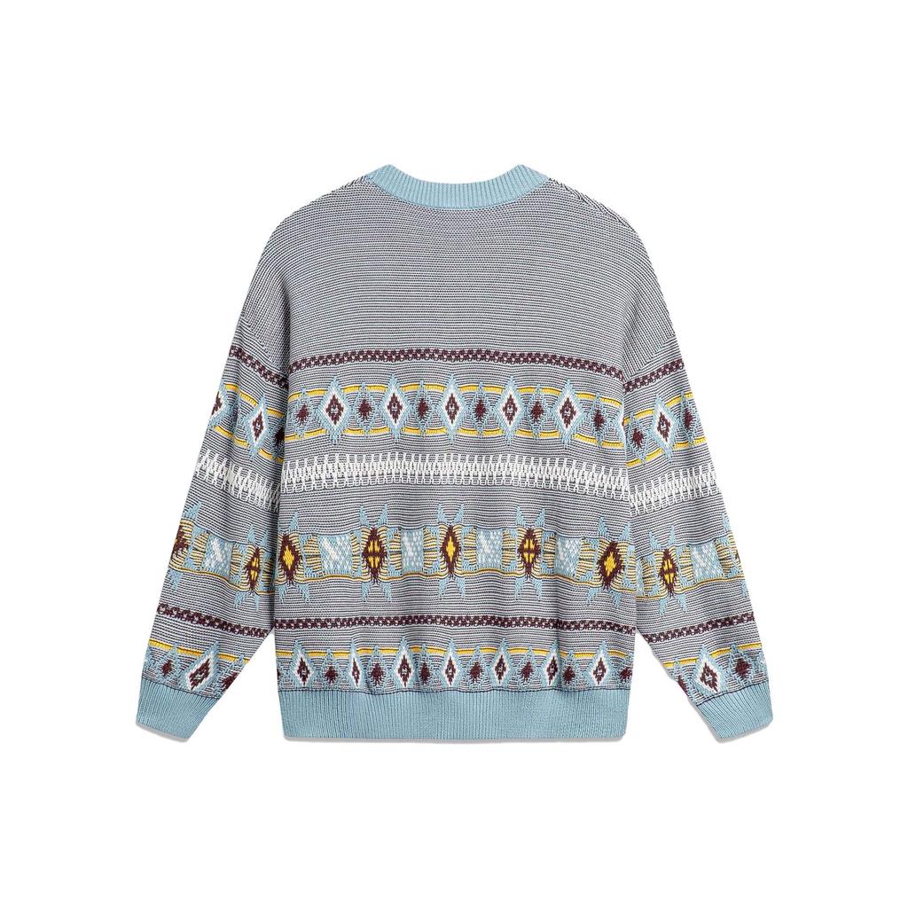 Li Ning Sport Lifestyle Series Full Print Diamond Color Block Round Neck Pullover Long Sleeve Sweater Men sweater Off-White Fish-Eye-Green AMBT247-1