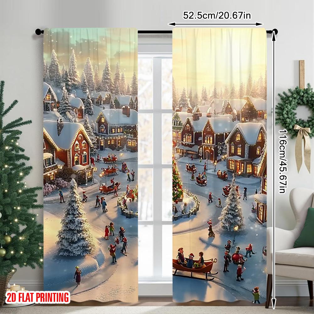 2pcs 2D Flat Printing Christmas Window Drapes Winter Village Versatile Durable Polyester Without Electricity Spring Party &