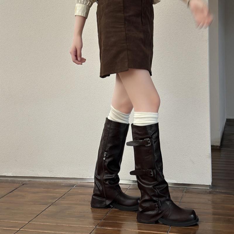 Thick-soled Belt Buckle Trouser Tube Boots Women's 2025 New Pleated Soft Leather Square Head Medium Tube Stacking Boots Tall Knight Boots