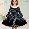 Girls Black High Neck White Furry Trim Long Sleeve Tie Waist Floral Printed A Line Flared Dress