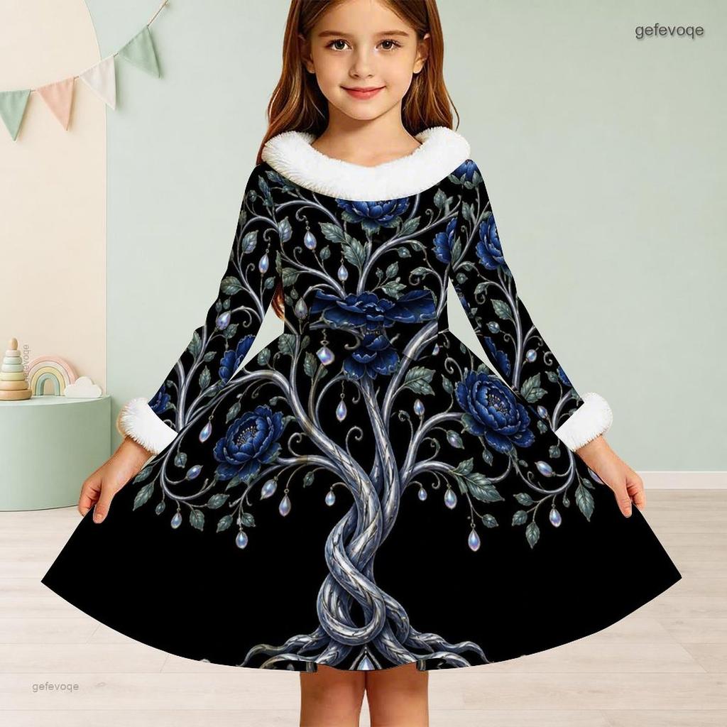 Girls Black High Neck White Furry Trim Long Sleeve Tie Waist Floral Printed A Line Flared Dress
