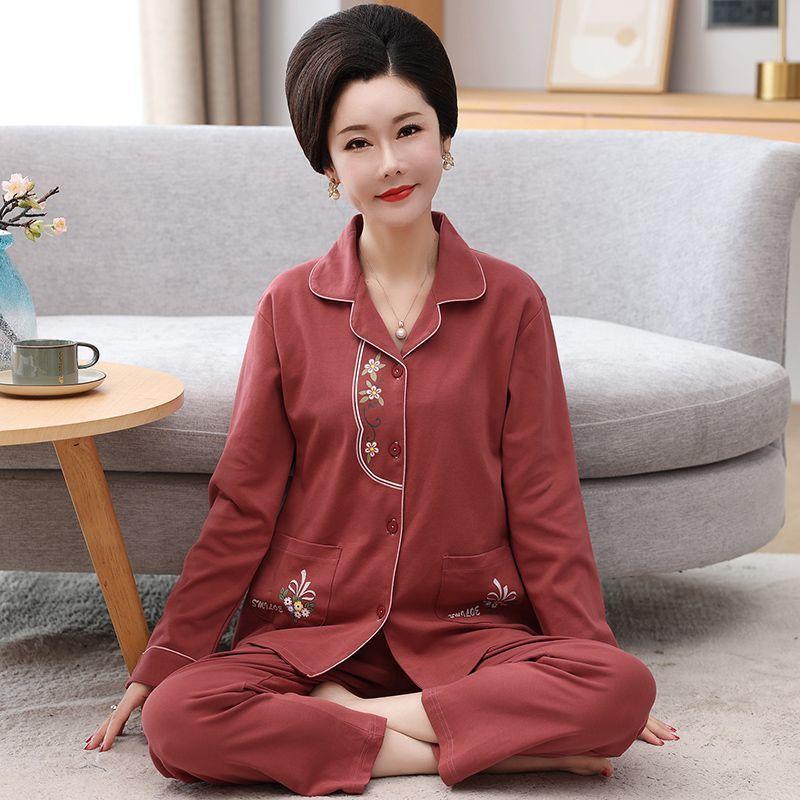 Middle-aged women's 100% pure cotton pajamas women's summer long-sleeved pajamas middle-aged and elderly mother loungewear thin suit
