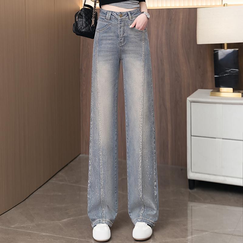 Hot Diamond Narrow Version High Waist Wide Leg Jeans Women's New Summer Pants Drape Wide Leg Straight Pants