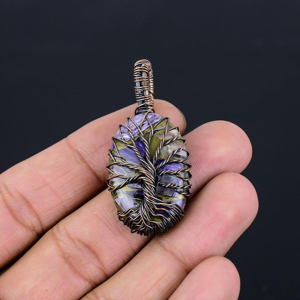 Tree Of Life Copper Charoite Gemstone Pure Copper Wire Wrapped Handmade Pendant Jewelry