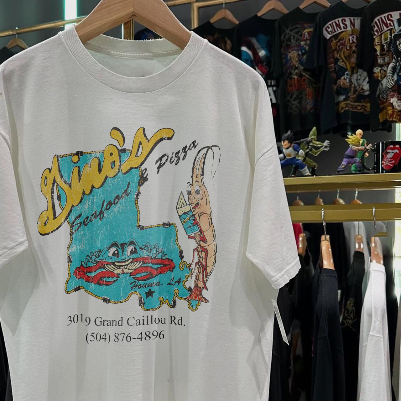 90s Dinos Seafood And Pizza Washed T-Shirt White XL S