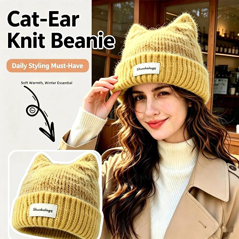 Fuzzy Knit Cat-Ear Beanie Warm Plush Lined Thermal Winter Hat for Women Casual Street Wear Outdoor Daily Use