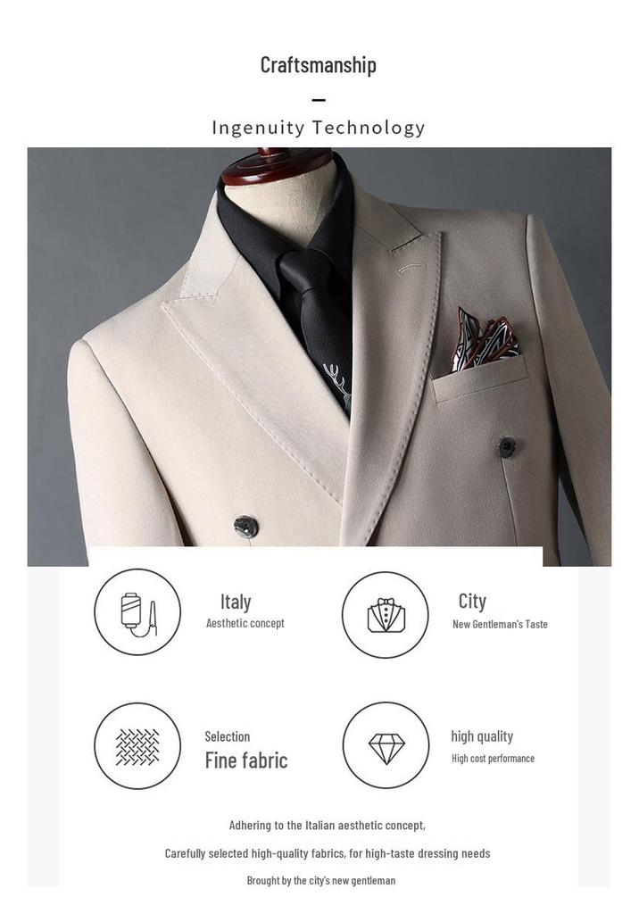 Korean-Style Apricot Double-Breasted Men's Suit, 2024 Autumn Wedding & Best Man Attire
