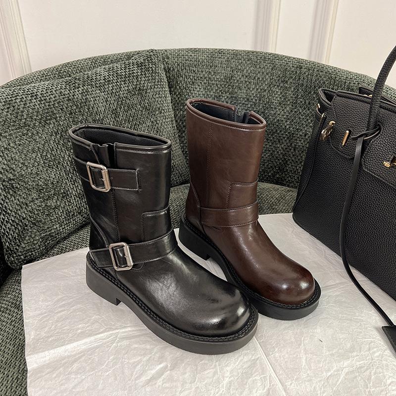 Cowhide~ Maillard Boots Retro Leather Medium Boots Women's Belt Buckle Short Boots Thick-soled Martin Boots Thin Boots