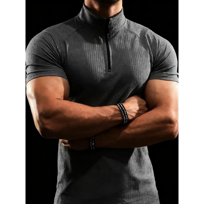 Men European Size Slim Fit Summer Half Zip Short Sleeve Ribbed Polo Shirt
