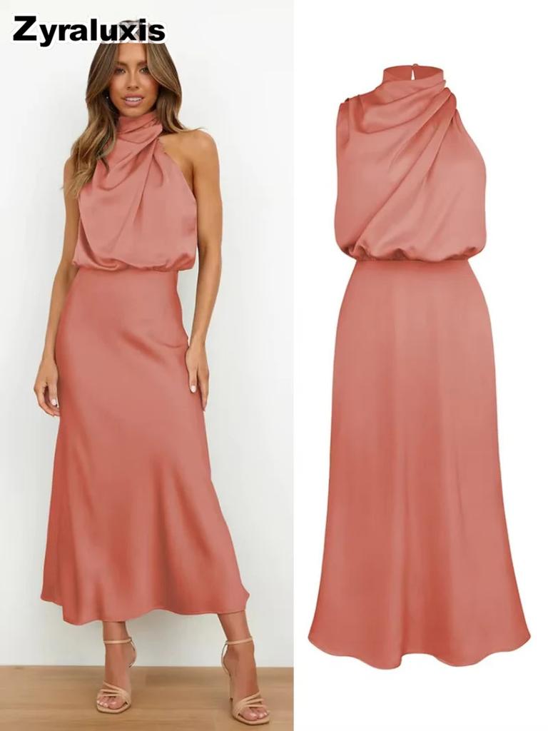 Luxury Satin Sleeveless Dress for Women - Elegant Evening Gown for Spring/Summer Collection
