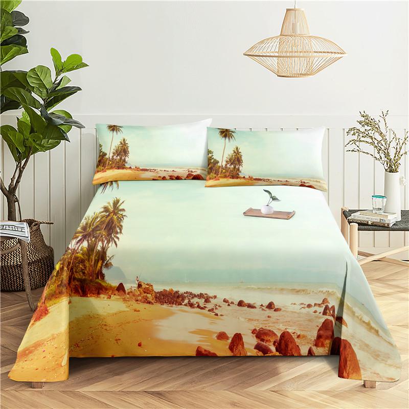 Seaside Scenery 0.9/1.2/1.5/1.8/2.0m Digital Printing Sturdy Polyester Bed Flat Sheet With Pillowcase Print Pattern Bed Ensemble