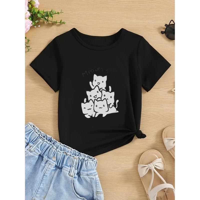 European sizes Girls' Casual T-Shirt  nteractive Cat Print Round Neck Fashionable Comfort Spring/Summer Tee, Girls Clothing Gift
