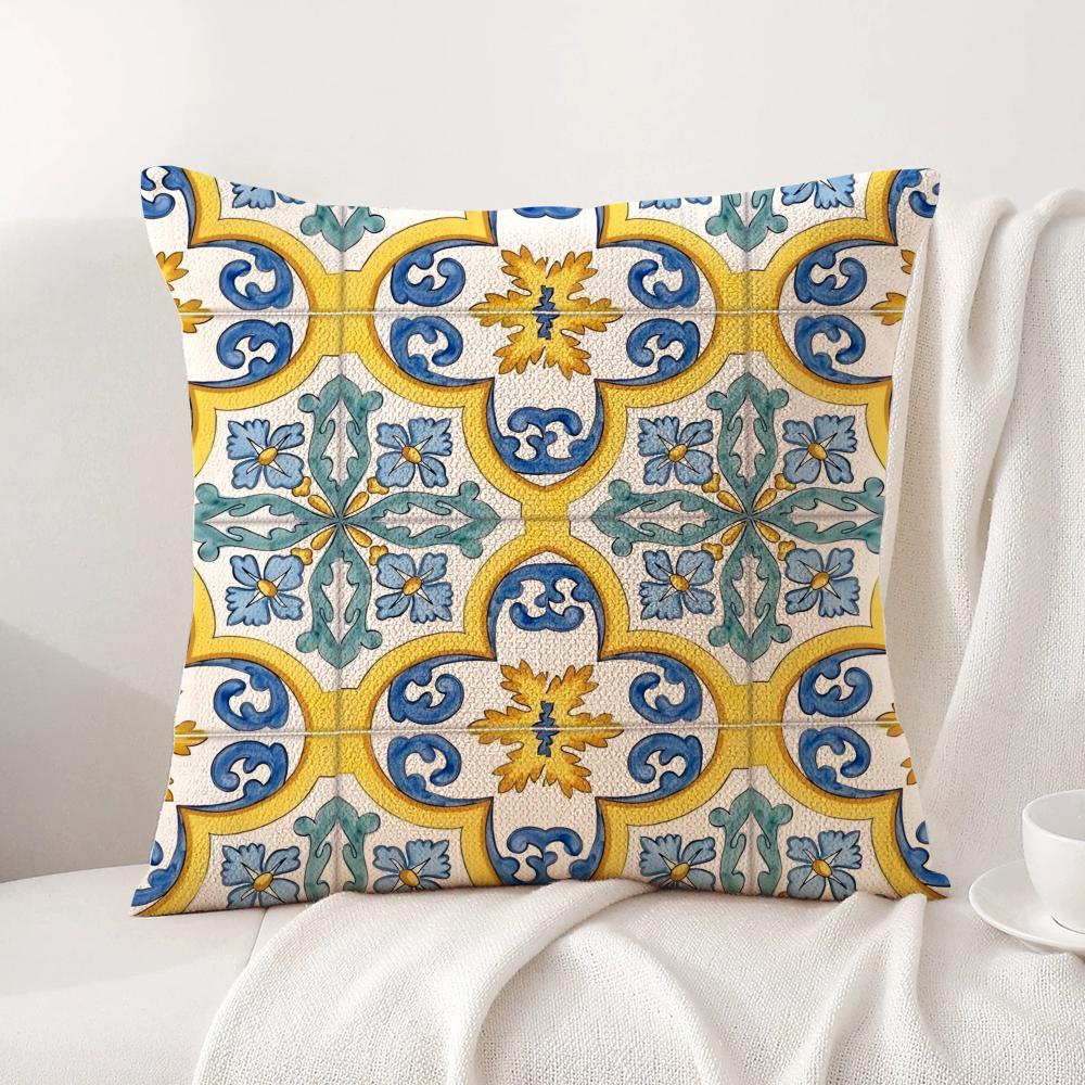 Greek Vacation Style Cushion Cover Natural Linen Organic Fabric Double-Sided Printing Sofa Home Decor Gift Pillow Cover