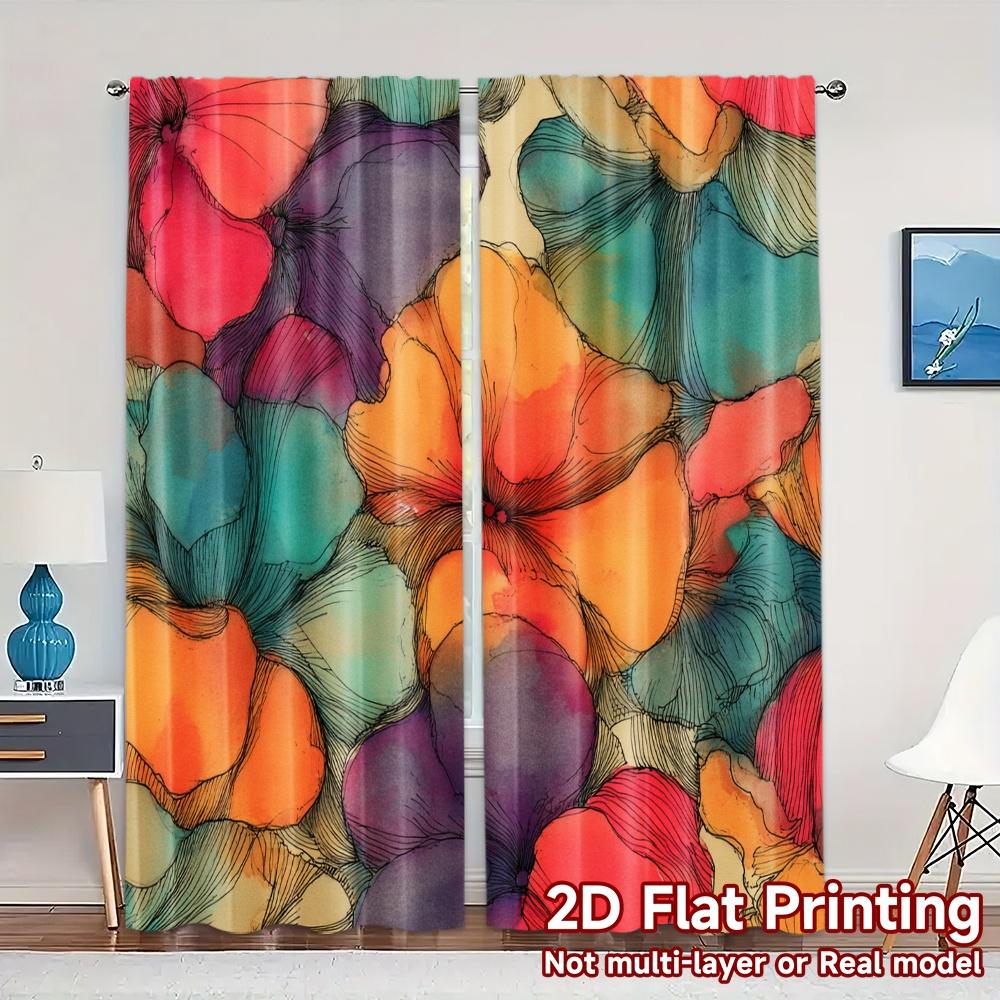 

Set Of 2 Flat Printing Curtains Without Rod Floral Splash Design New Year Festival Creative Versatile Polyester Curtain Made W100*H70(CM)-Hooks&2PCS