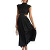 Lady Prom Dress Pleated Sleeveless Solid Color Stand Collar Hollow Out Dress-up Mid-calf Length Wedding Party Women Banquet Dress Female Clothing