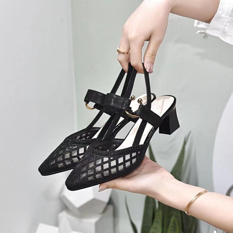Hot Selling Fashion Summer Woman Sandal Temperament  Edition Simple Mesh One Line Buckle with Pointed Head High Heels for Women