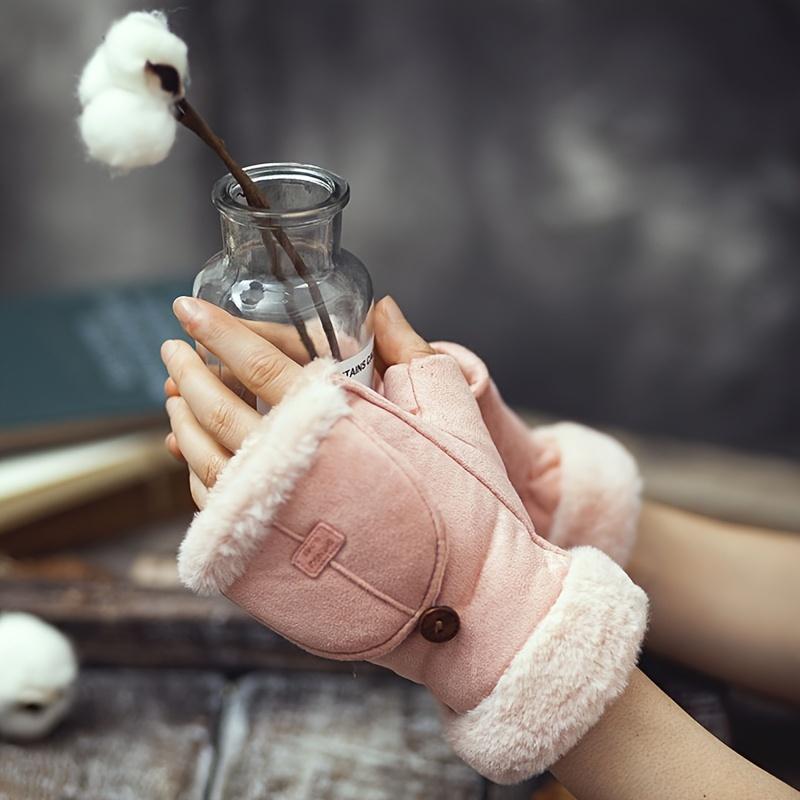 Women's suede gloves, warm thickened half finger, button closure, knitted ski gloves for women, winter sports equipment