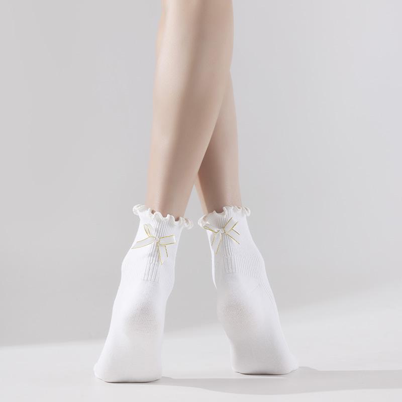 Professional Non Slip Socks Fashion Ruffle Bowknot Yoga Cotton Crew Socks Low MOQ Frill Pilates Grippy Socks